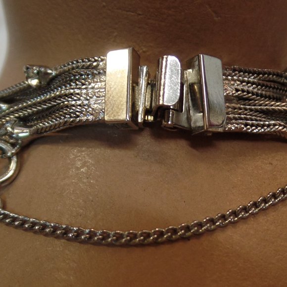 Vintage Silvertone Multi Strand Bracelet W Bling & Safety Clasp - Picture 3 of 9